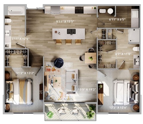 A top-down view of a house layout with labeled dimensions.